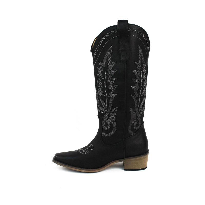 Women's Black Western Cowboy Snip Toe Embroidered Leather Knee High Cowgirl Boots Wide Calf AZARWOMAN