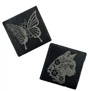 Laser-engraved Butterfly and Floral Cat Slate Coasters - Elegant Design for Home Decor and Tableware Protection