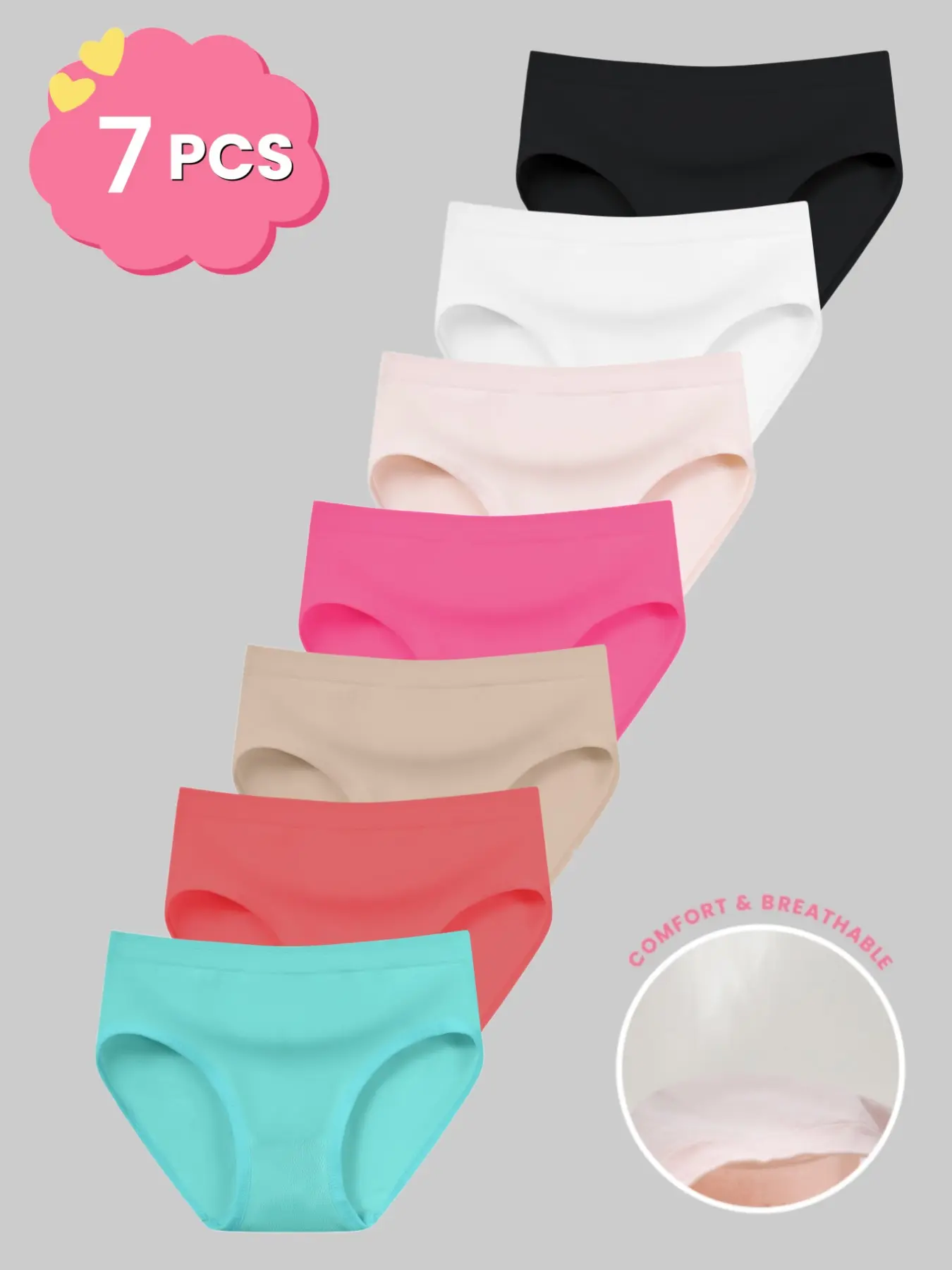 5/7 Pcs Summer Girls' Breathable Triangle Underwear, Panties, Plain Color, Comfortable Casual Style, All Seasons Essential