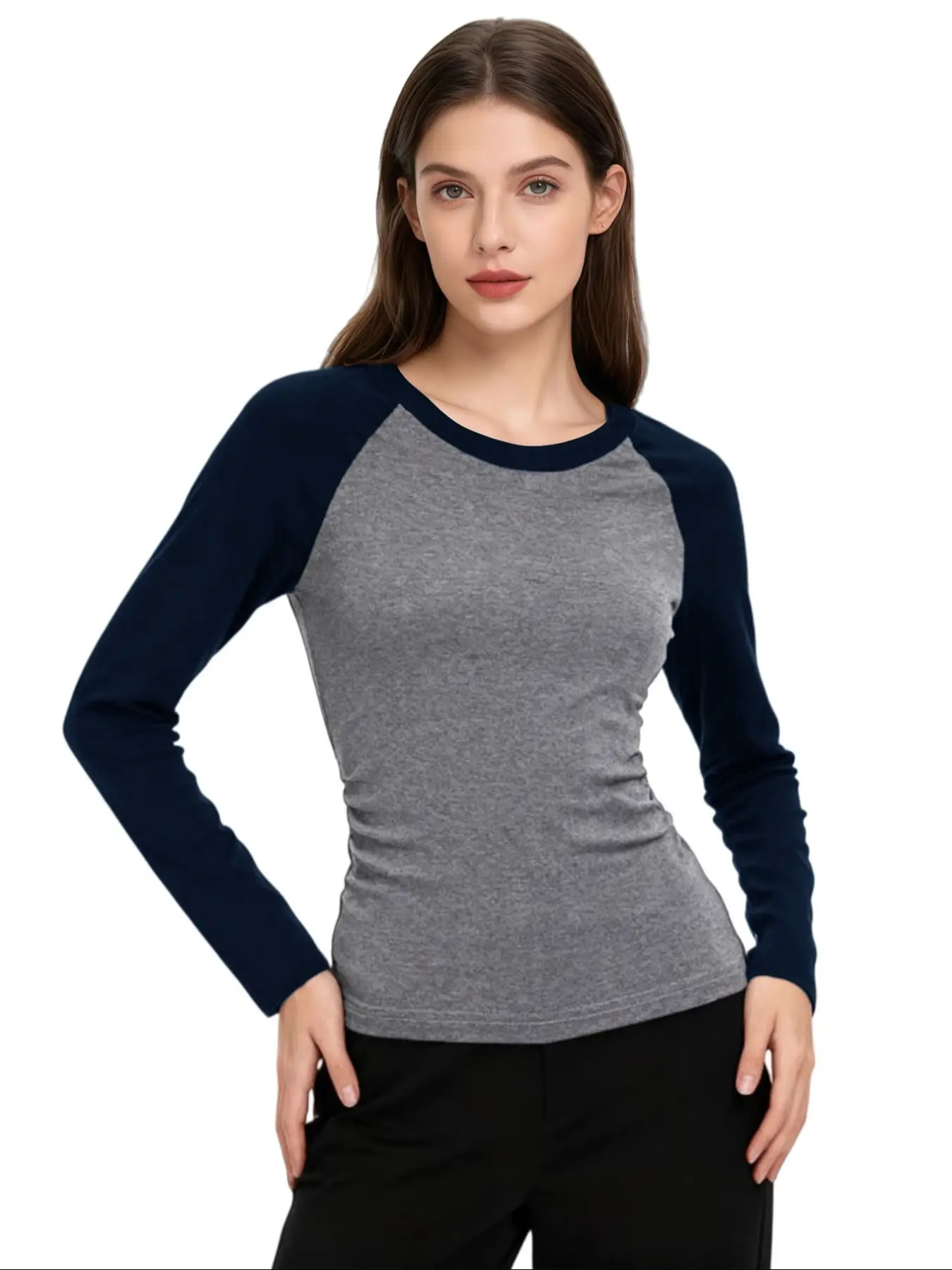 Women's Warm Thermal Underwear Top, Round Neck Long Sleeve Colorblock Drop Shoulder Fitted Shirt, Fall Winter Basic Layering Tee
