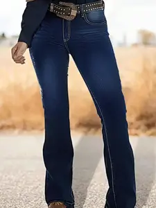 Women's Plus Size Tight Embroidered Denim Flare Pants, All Seasons Comfortable Casual Style, Feather Pattern Dark Wash Long Jeans