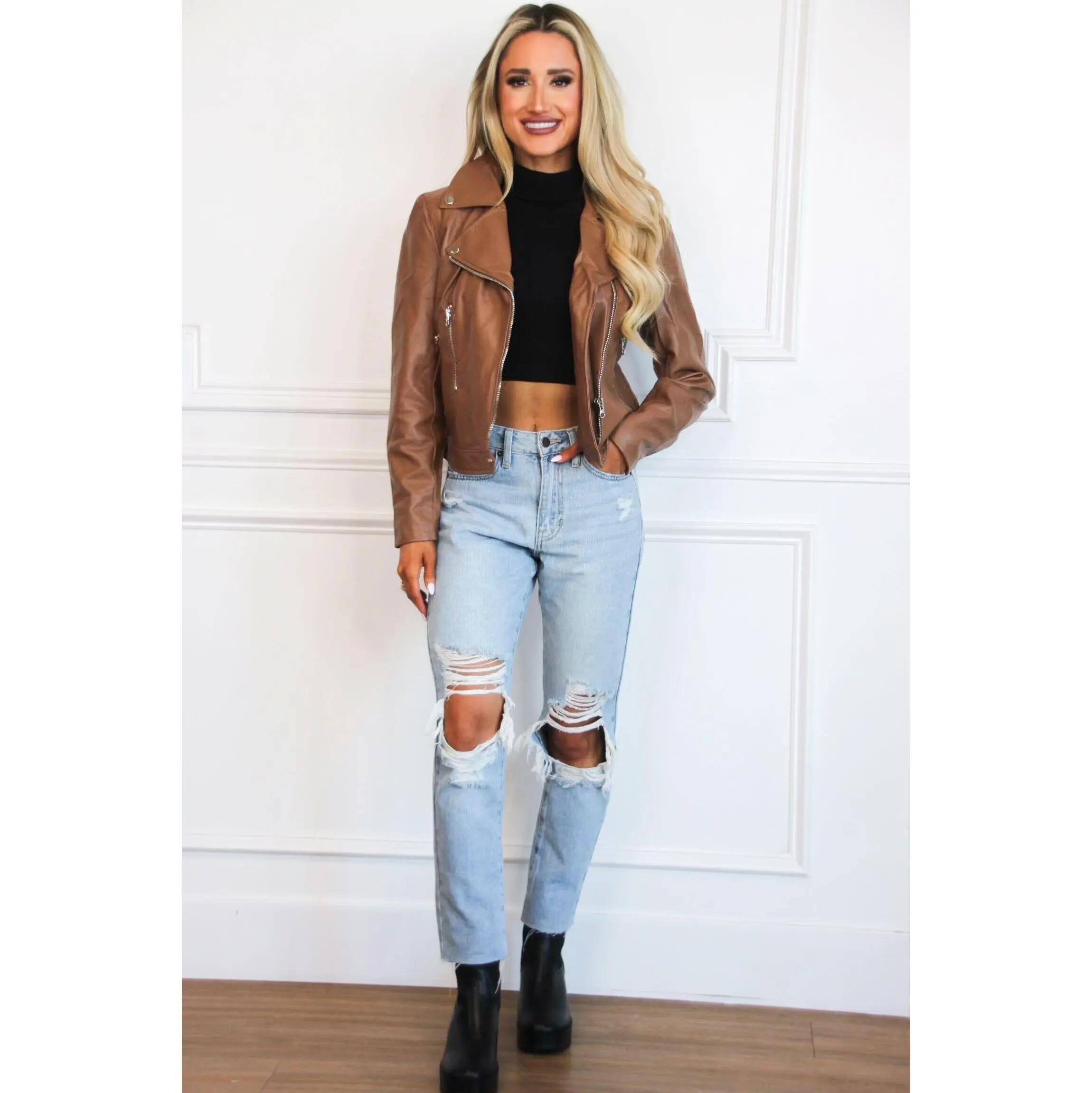 Chelsea Faux Leather Moto Jacket: Brown