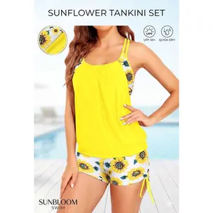 Cute Floral Tankini Set for Women |   Summer Beach Wear |   Yellow Bathing Suit with Boyshorts