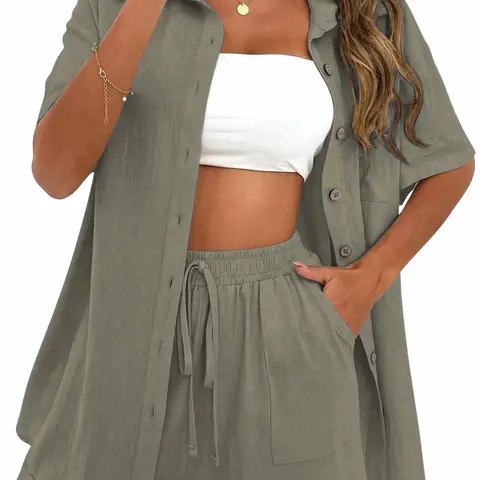 Women's Casual Basic Solid Color Collared Short Sleeve Loungewear Set, Pajama Set, Pajama Loungewear Pjs, Loose Fit Breathable Comfort Stretch Fabric, Ideal for Daily Wear at Home