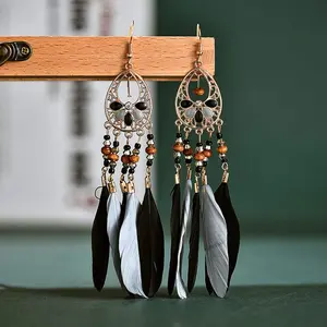 Exquisite Bohemian Vintage Style Beaded Feather Earrings for Women Black