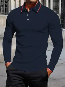 Men's Polo Shirt Long Sleeve Casual Fit Colorblock Button Design Comfortable Stretch Fabric Perfect for Daily Wear & Outdoor Activities