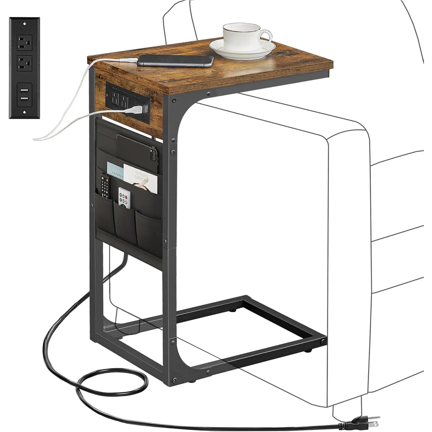 C Shaped End Table with  Station, Side Table for Sofa, Couch Table with Storage Bag, TV Tray with 2 USB Ports and Outlets for Living Room, Bedroom, Brown TB01BB024