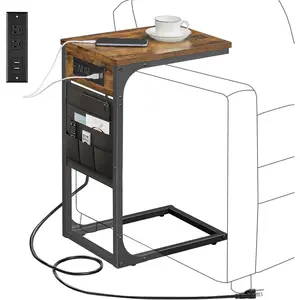 C Shaped End Table with  Station, Side Table for Sofa, Couch Table with Storage Bag, TV Tray with 2 USB Ports and Outlets for Living Room, Bedroom, Brown TB01BB024