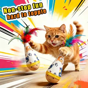Cat Toy Set of 3, Wooden Tumbler Cat Toy, Self-Amusement Puzzle for Cats, Durable Base, Ideal for Teething & Playtime, Interactive Kitten Wand