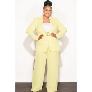 Final Sale Plus Size Belted Blazer Suit 2pc Set in Soft Yellow