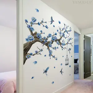A set of two (30*90cm*2pcs) creative blue series flower, branch and birdcage wall stickers, aesthetic wall decals, home decor for living room and bedroom decoration background (M15054-YC)