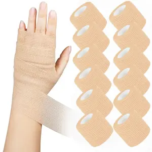 12 Pcs Skin Tone Elastic Self-Adhesive Bandages, Breathable Tear-Away Design, Ideal for Knee Wraps & Dog Paw Protection, All Sizes