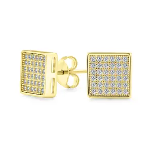 Geometric Hip Hop Square CZ Stud Earrings for Men Gold Plated Sterling Silver