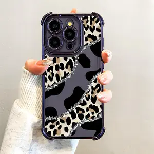 Black Leopard Pattern Phone Case, Electroplated Cover with Airbag Shockproof Slim Soft TPU Cover for iPhone 11 12 13 14 15 16 Pro Max Plus Luxury Girl