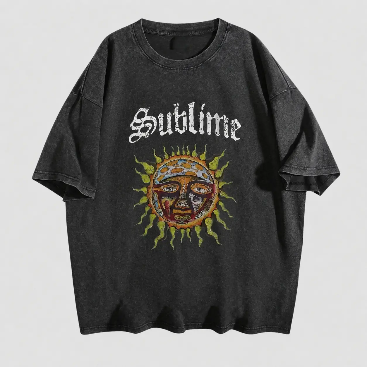 Wash Sublime Sun Graphic T-Shirt Retro 90s Style Music Graphic Tee Casual Streetwear Top