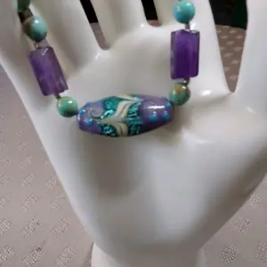 Lampwork Glass Bead Bracelet with Genuine Turquoise & Amethyst 7 Inch Handcrafted Jewelry