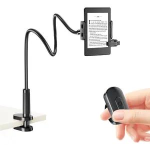 Kindle Holder with Page Turner Ring, Tablet Holder for Reading Acessories in Bed with Slient Remote Clicker, eReader Stand Compatible with Fire iPad