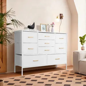 Fabric Dresser for Bedroom 9 Drawers Storage Tower with Fabric Bins Tall Dresser for Hallway Closets Nursery White 32 in Height Wood Material