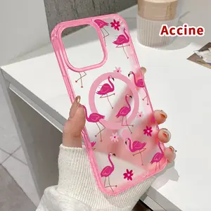 Magnetic Phone Case for iPhone 16 Pro Max 15 Plus 14 13 12 11 XS E XR Flamingo Floral Fantasy Pattern Supports Wireless Charging Shockproof Clear Slim Protective Softcase Transparent Cover