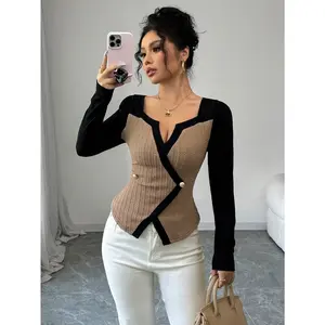 Elenzga Women's Fashion Elegant Casual T-Shirt, Long Sleeve Color Block Splice Square Neck, Cutout Collar, Waist A-Line Asymmetric Hem, Faux Button, Material: Khaki, Apricot Textured Jacquard And Black Knit Graphic Tees Women Tops For Spring Outfit