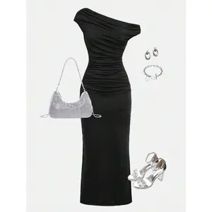 Girlism Teen Girls' Elegant & Casual, Solid Black, Knitted, Asymmetrical Neck Dress