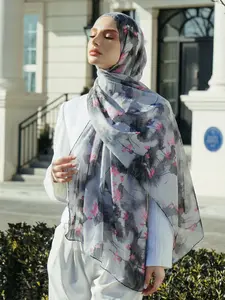 1PC Fashionable and Fresh Ink-Painting Print Cotton Linen Hijab, Turban Hijab, Cute Print Small Size Headscarf for Women, Muslim Fashionable Everyday Wear Modesty, Comfortable and Breathable Beach Long Shawl