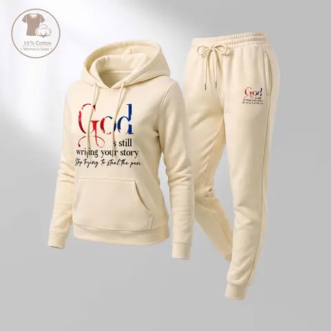 Women's God Letter Print Hoodie And Drawstring Track Pants Set, Casual Sportswear, Long-Sleeved Hooded Jacket And Pants, Suitable For Autumn And Winter, Everyday Wear, Indoor And Outdoor Sportswear, Casual Sportswear.