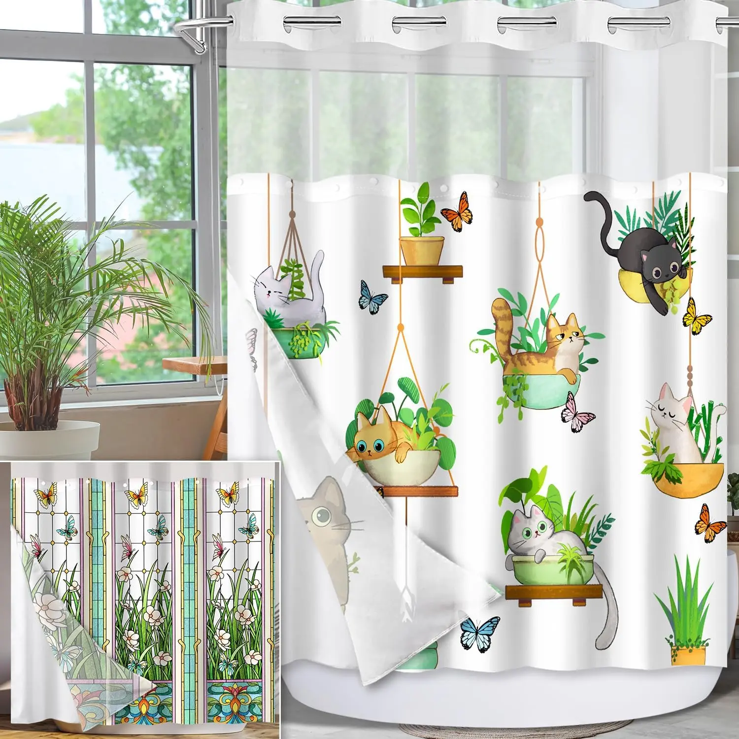 Flowers Butterfly & Hanging Potted Plant Cat