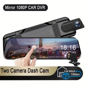 1080P Touch Screen Dash Cam, Mirror DVR, Automotive Dashcam | 720P Rear Camera, Magnetic Mount, 400mAh Lithium Battery-Polymer, 27.5FPS, 12V Car Plug Power Mode