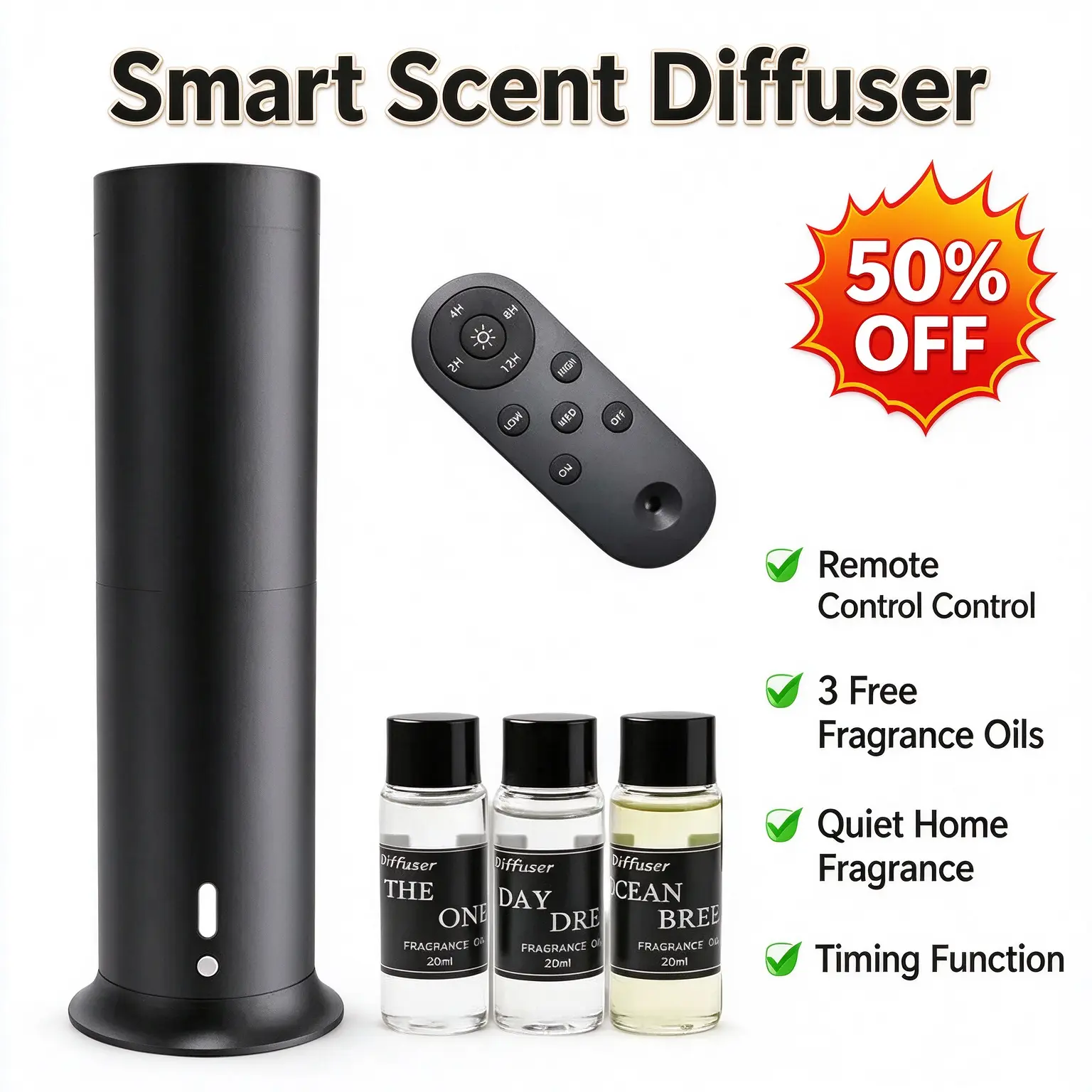 Remote Control Scent Diffuser, Timer Adjustable Aroma Diffuser with 3 Pcs 20ml Fragrance Oil, Quiet Home Fragrance Machine for Bedroom Living Room Office Hotel