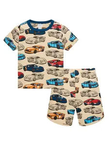 Boys' Cartoon Racing Car Two-Piece Set, Short Sleeve Shorts, Milk Silk Fireproof Fabric, Summer Sleepwear, Soft Breathable Comfort