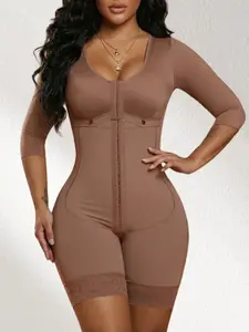 Women's Mid-Sleeve Full Body Shaper, Colombian Shapewear, Tight Fit Shapewear, U-Shaped Stitching & Anti-Slip Lace Hem, Tummy Control Shapewear Bodysuit, Open Crotch Design Hook-and-Eye Closure Jumpsuit