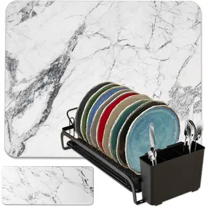 Diatomaceous Earth Drying Mat with Matching Sponge Caddy & Dish Rack | 3-Piece Set (White Marble, Large) | Heat-Resistant & Multi-Purpose for Drying and Kitchen Organization Organiser