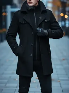 Men's Fashion Double Collar Mixed Fiber Long Coat, Zipper and Pocket Design, Warm and Durable, Suitable for Business or Casual Autumn/Winter Casual Wear Coat