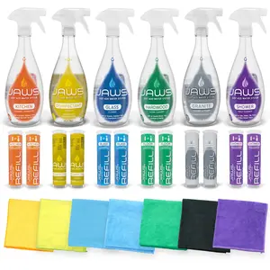 jaws Cleaners Ultimate Cleaning Kit Eco-Friendly Multi-Surface Cleaner Set with 2 Refill Pods of Each & Microfiber Cloths for Kitchen Glass Shower Granite Hardwood Floor Disinfectant
