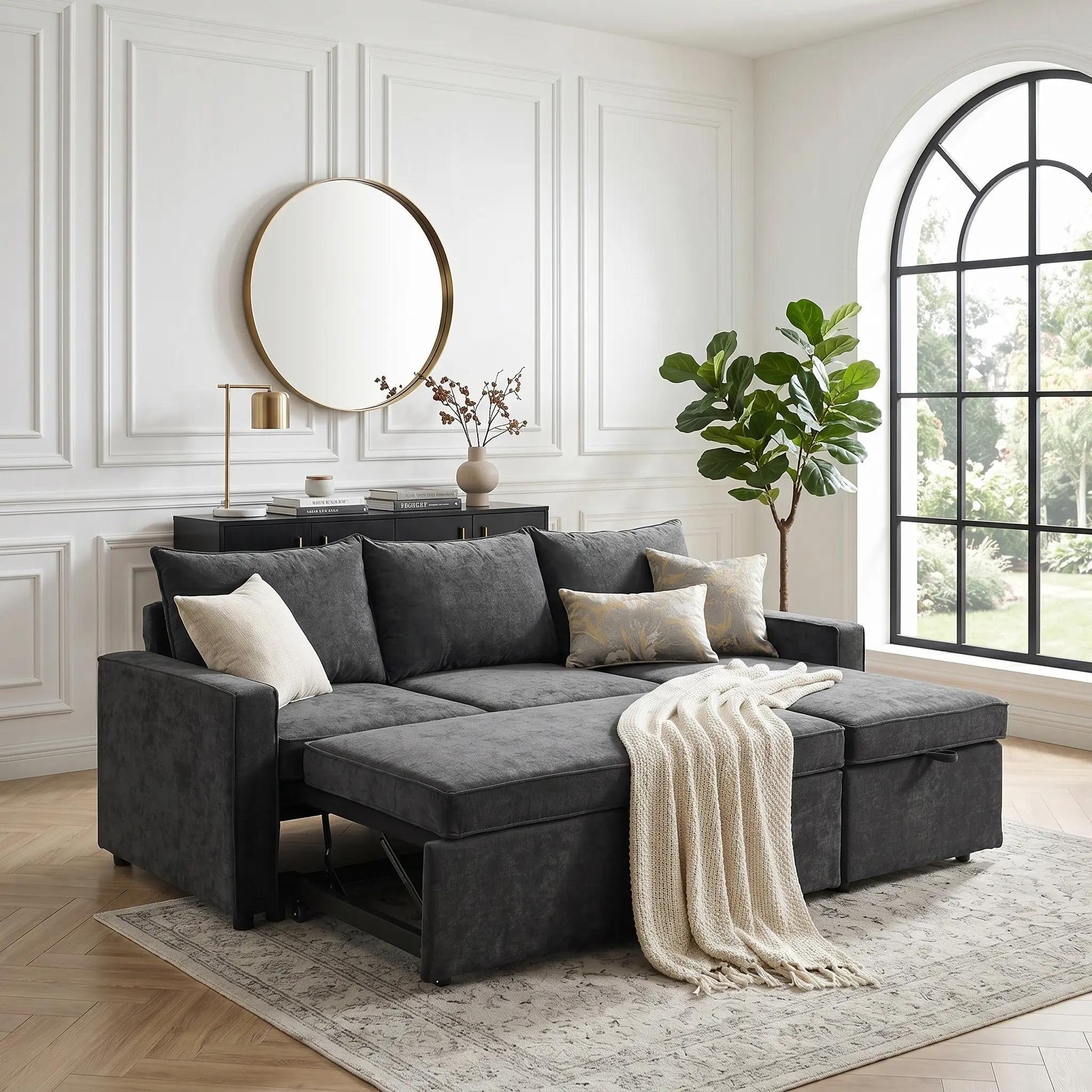 HIPIHOM Multifunctional Pull-Out Sofa Bed with Hidden Storage Chaise - Minimalist Wear-Resistant Matte Velvet Sectional Sleeper, Sturdy Steel Frame, Quiet Wheels, Plump Cushions, Sofas Living Room, Furniture for Apartment, Studio Apartment Furniture