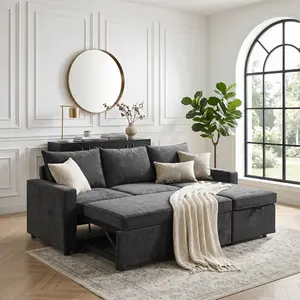 HIPIHOM Multifunctional Pull-Out Sofa Bed with Hidden Storage Chaise. Minimalist Sectional Sleeper in Wear-Resistant Matte Velvet. Sturdy Steel Frame, Quiet Wheels & Plump Cushions. Perfect Space-Saving Choice for Home Renovation.