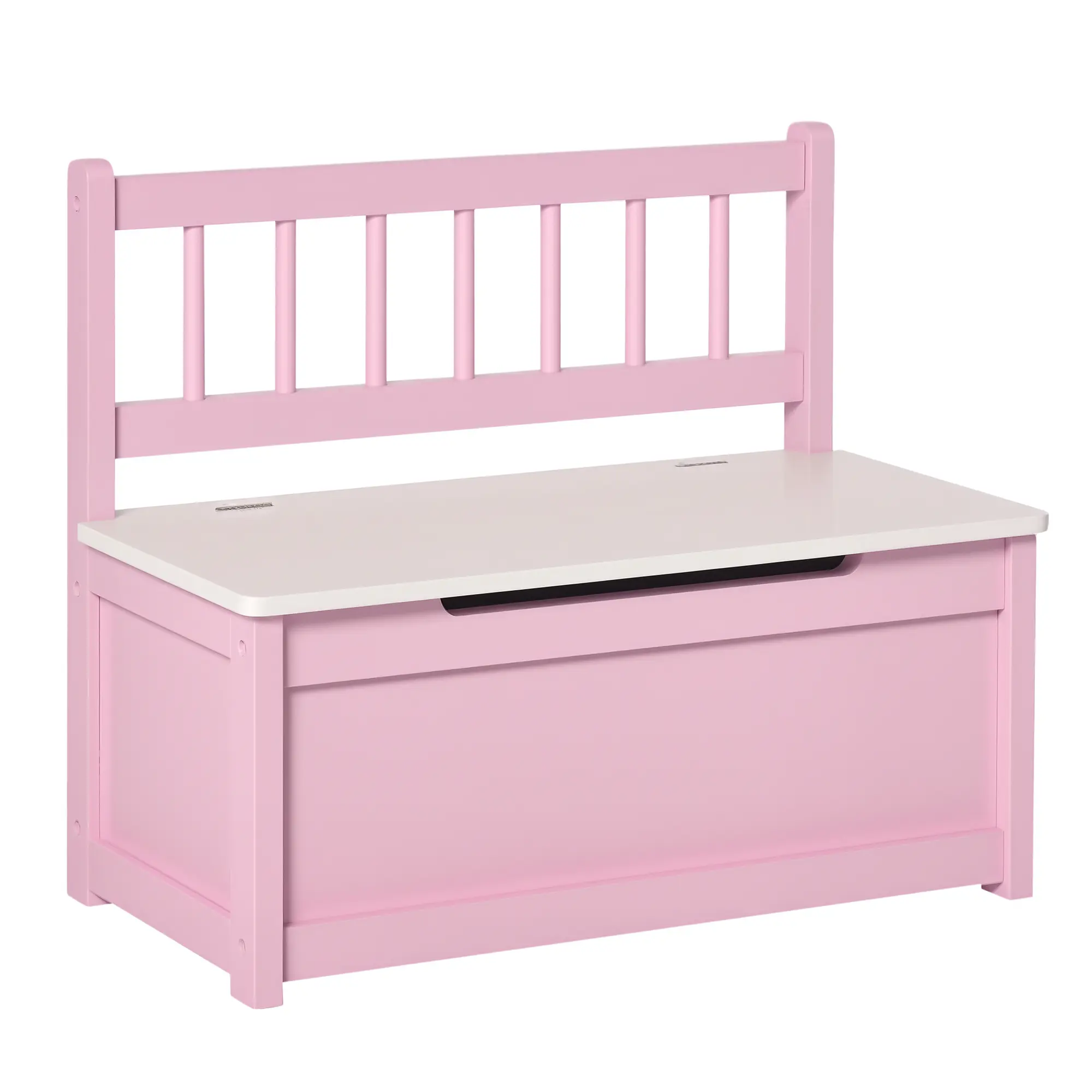 2-In-1 Pink Wooden Storage Bench with Backrest Safety Pneumatic Rod Anti-Pinch Lid MDF & Pine Wood Sturdy Frame 88 LBS Max Load Hidden Storage Chest Organizer for Toddlers 2-5 Years