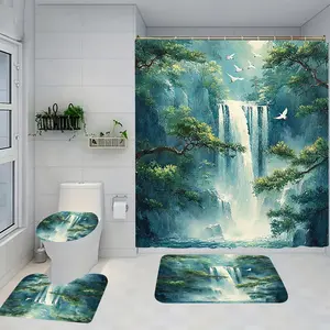 Mountain Waterfall Pattern Shower Curtain Set, Includes Rug and Hooks, Non-Slip Bath Mat, U-Shaped Toilet Lid Cover, Bathroom Decor
