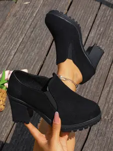 Women's Waterproof Thick Sole Comfort Work Shoes, Classic Chunky Heel High Heels, PU Leather Round Toe Casual Fall & Winter Boots, Casual Ankle Boots, Thick Heeled Boots