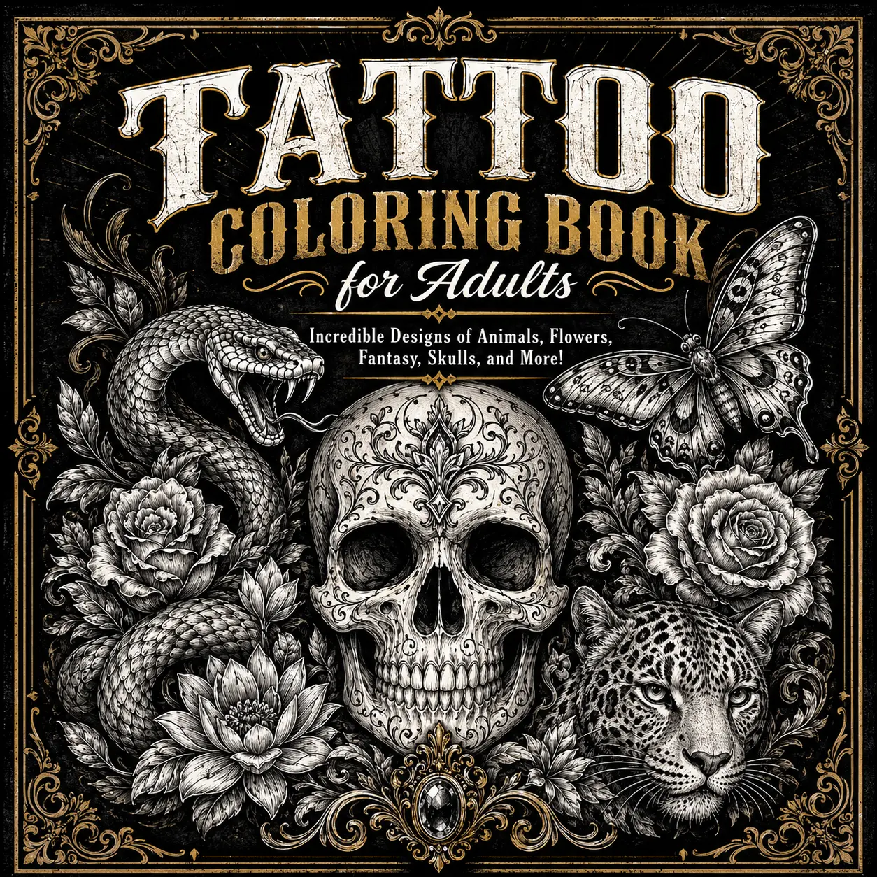 Tattoo Coloring Book for Adults with Incredible Designs of Animals, Flowers, Fantasy, Skulls, and More