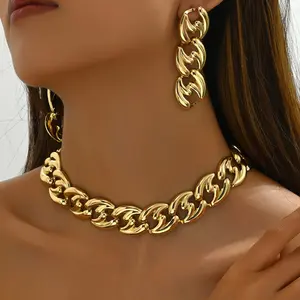 Women's Minimalist Chunky Chain Necklace Set — Featuring Geometric, Boldly Designed Stud Earrings and Long Dangle Earrings