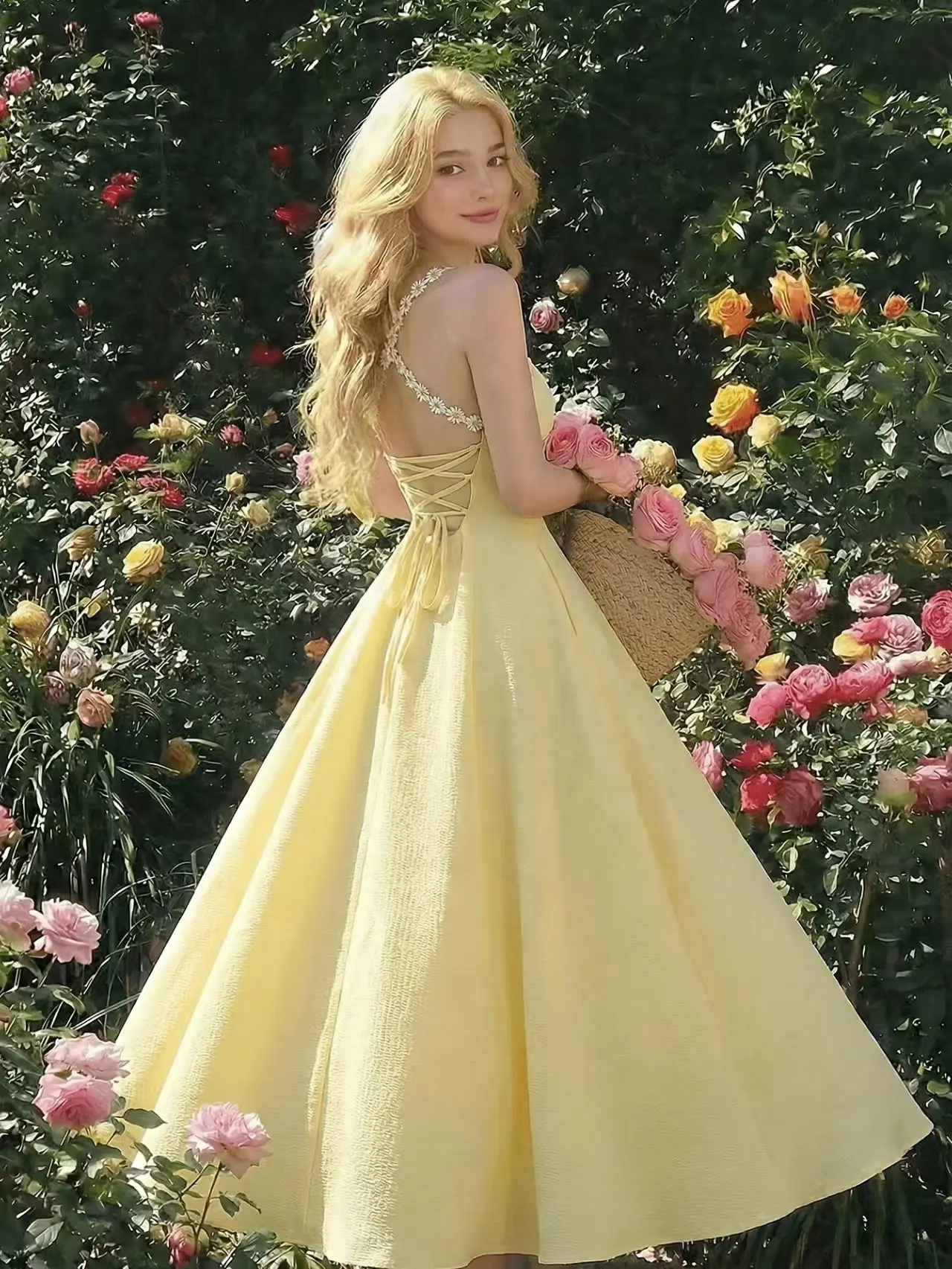 Elegant Yellow A-Line Dress with Lace Back and Bow Detail Perfect for Garden Parties and Special Occasions, Elegance, Formal, Style, One Piece