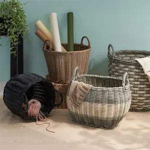 Lucius Round Resin Woven Wicker Basket with Handles – 13" x 13" x 10.2" Black Storage Basket for Clothes, Towels, Toys, Magazines – Stylish Home Decor & Laundry Hamper