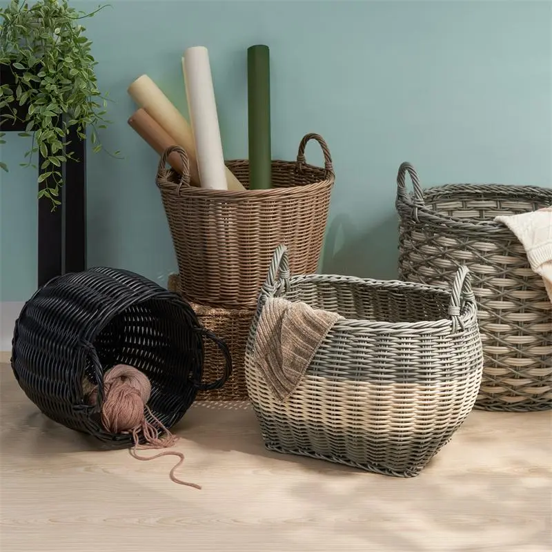Lucius Round Resin Woven Wicker Basket with Handles – 13" x 13" x 10.2" Black Storage Basket for Clothes, Towels, Toys, Magazines – Stylish Home Decor & Laundry Hamper