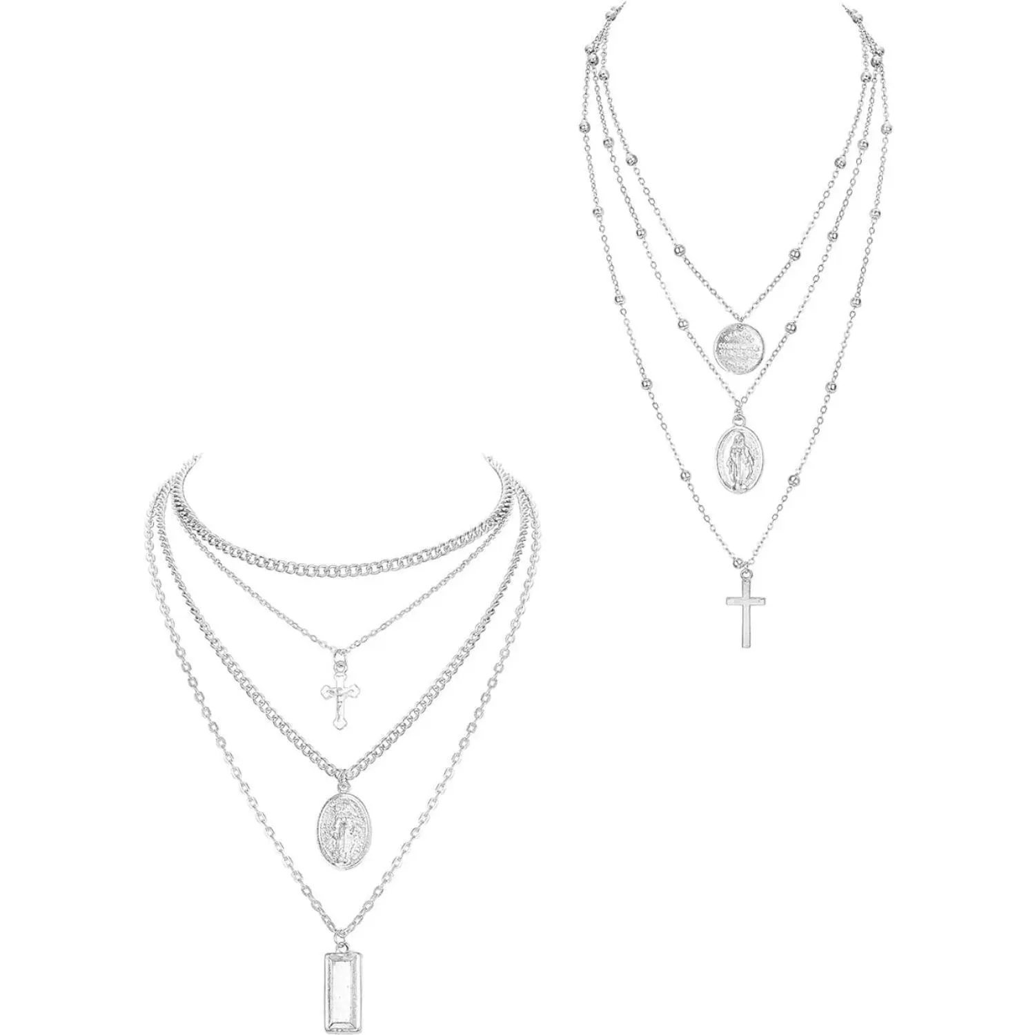 FLORIDECO Women's 2PCS Layered Choker Jewelry Set - Silver-Tone Multi-Chain with Tag Coin, Crucifix, Blessed Virgin Mary Pendants, Cross Artificial Gemstone Daily Wear Accessory, Daily Wear Necklace, Cross Design, Casual, Accessories For Women, Female, Ad
