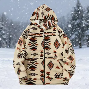 Men's Ethnic Print Hooded Fleece Jacket Vintage Trendy Style, Hooded Design Adds Casualness, Plush Fabric Soft and Skin Friendly, Allover Ethnic Print with Artistic and Fashionable Appeal, Zipper Closure for Easy On/Off, Relaxed Fit for Comfortable Wear