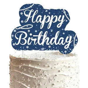 1Set Denim and Diamonds Birthday Cake Toppers Bule Silvery Pearl Birthday Cake Decorations DoubleSided Printing Glitter Denim Decor for 20th Women Birthday Party Supplies