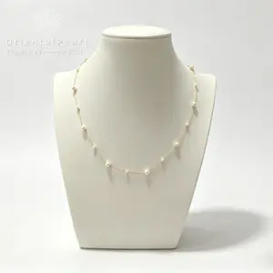 NC78-Natural Freshwater Pearl Station Necklace With Dainty Gold Plated Everyday Wear Necklace