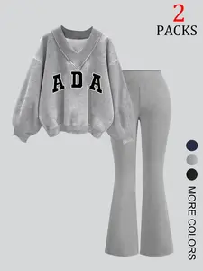Women's Deep V Neck Warm Sweatshirt & Slim Flare Pants Set, Ada Letter Pattern, Comfortable Casual Sportswear for Ladies & Teens, Activewear Set